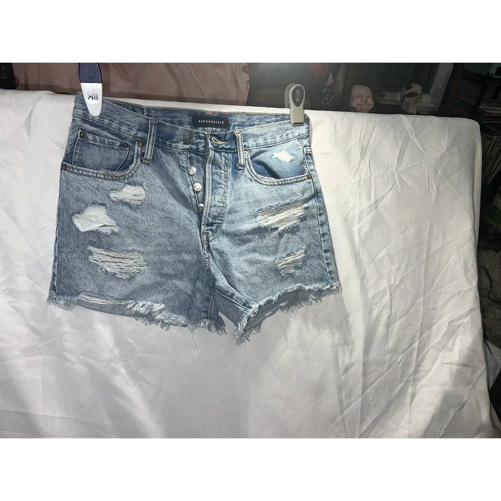 Aeropostale Jean Shorts Women's Size 8 Distressed Denim 90s high rise cut off 74